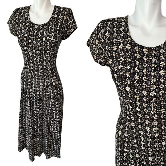 Vtg 90s Rampage Black White Daisy Print Grunge Maxi Whimsygoth Dress Sz 5 Rayon - Picture 1 of 6